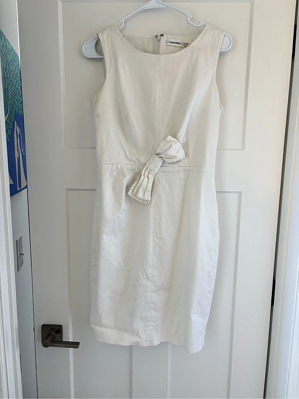 Calvin Klein Bow-Trim Shoulder Sheath Dress Midi Dress White Size 6